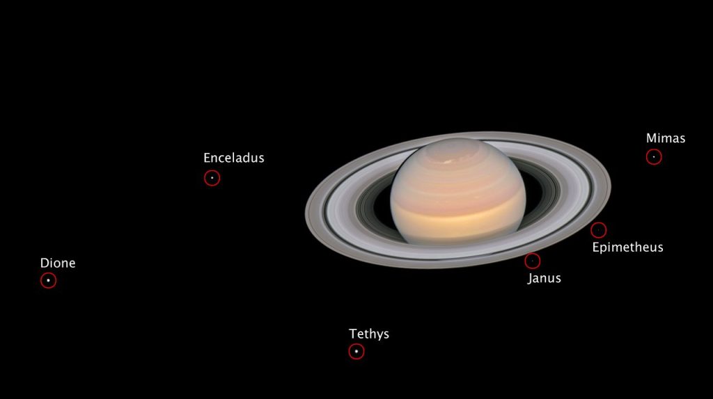 Composite photo from 2018 showing six of Saturn's moons Composite photo from 2018 showing six of Saturn's moons